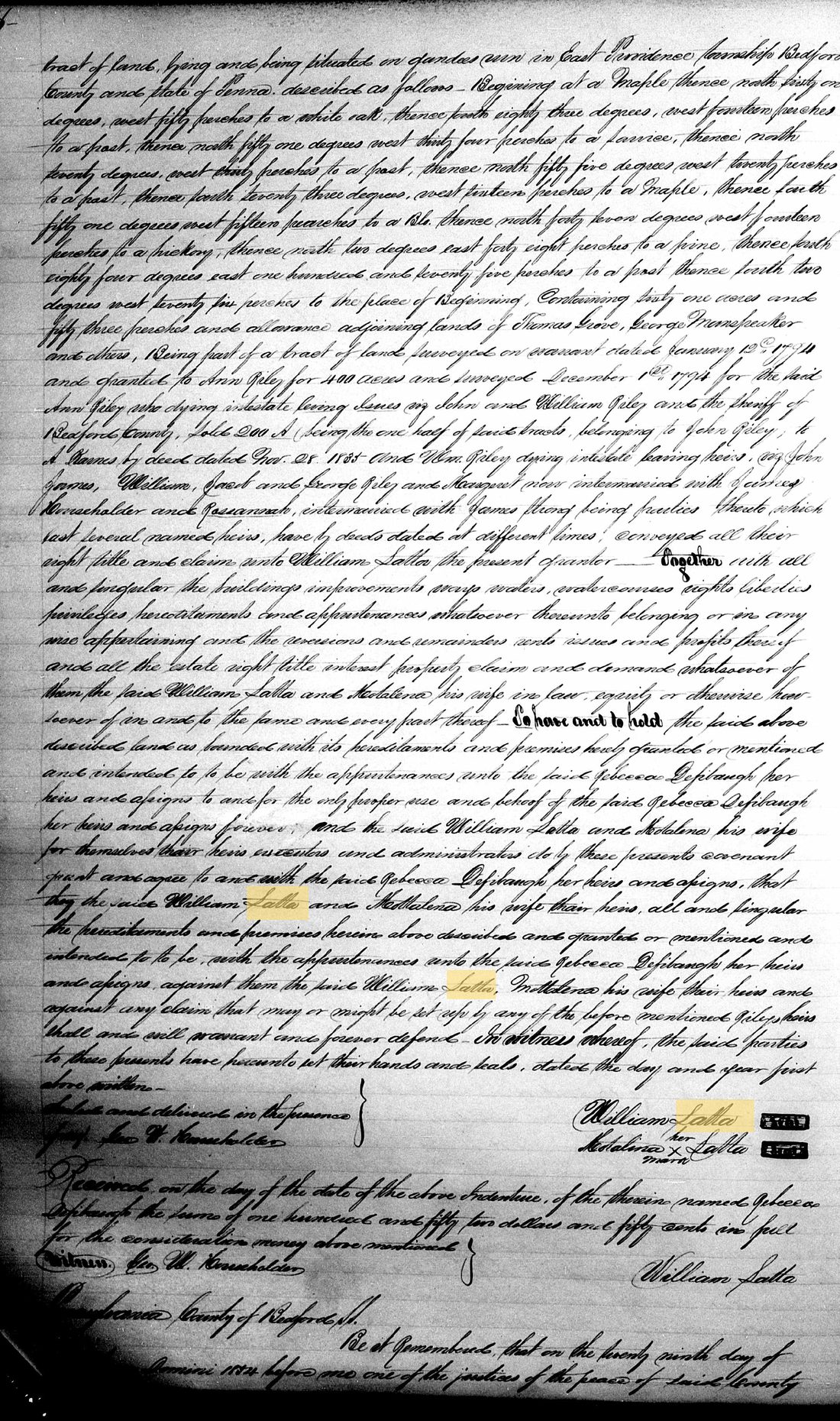 Recorded Bedford County deed of William Latta and Magdalena his wife to Rebecca Defibaugh, recorded March 26, 1855