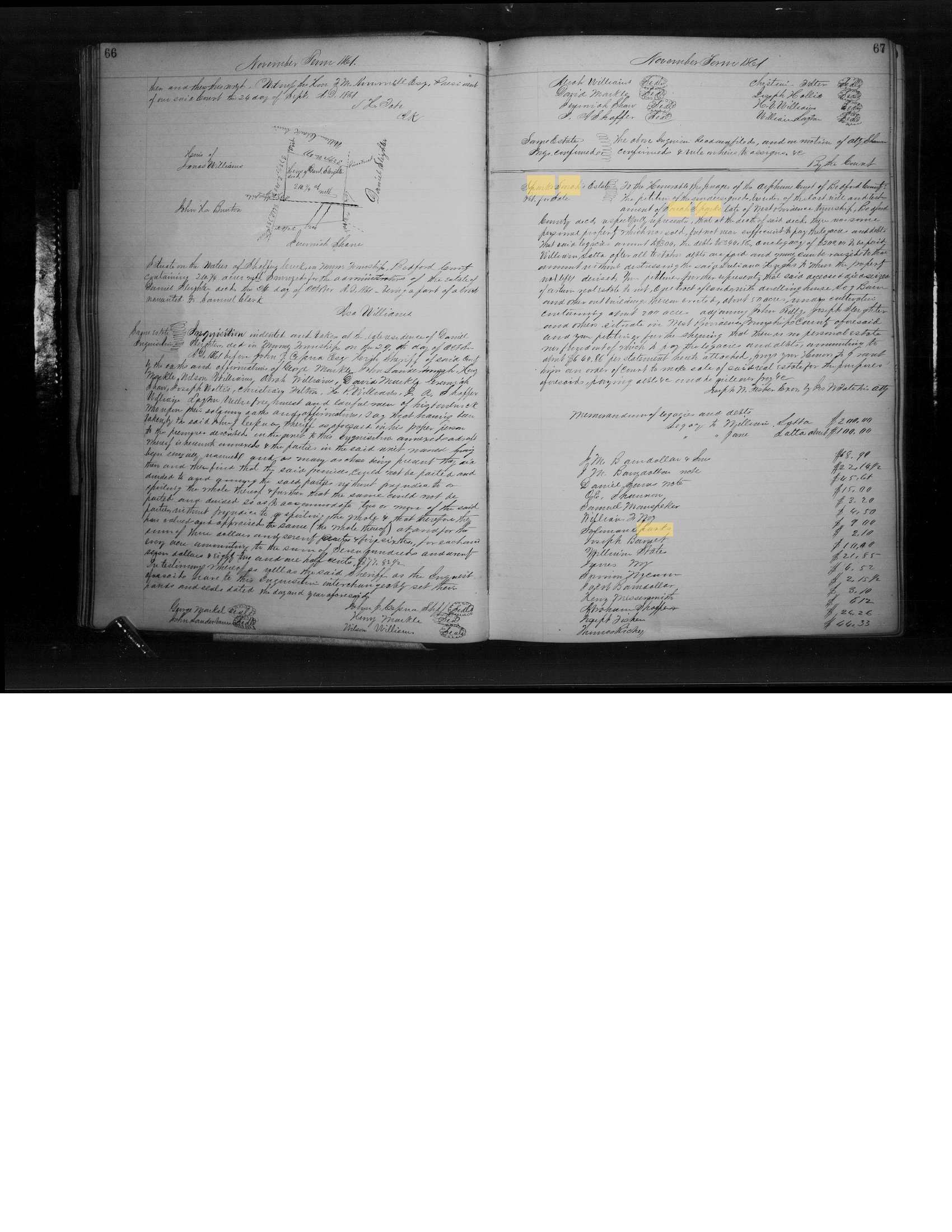 Bedford County Orphans Court docket pages 66-67, November Term 1861, with Sarah Sparks' estate petition naming Juliana Hughs and legacies to William and Jane Latta