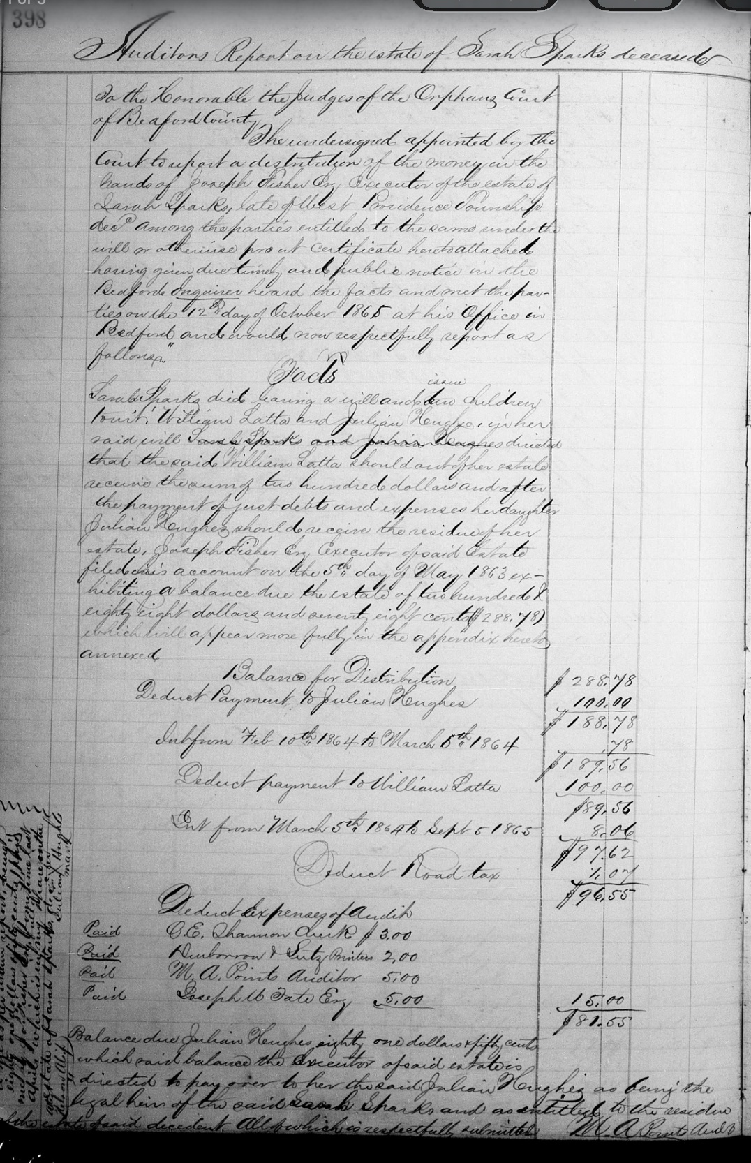 Auditor's report on the estate of Sarah Sparks, Bedford County Orphans Court page 398, filed October 1865, naming her two children William Latta and Juliana Hughes