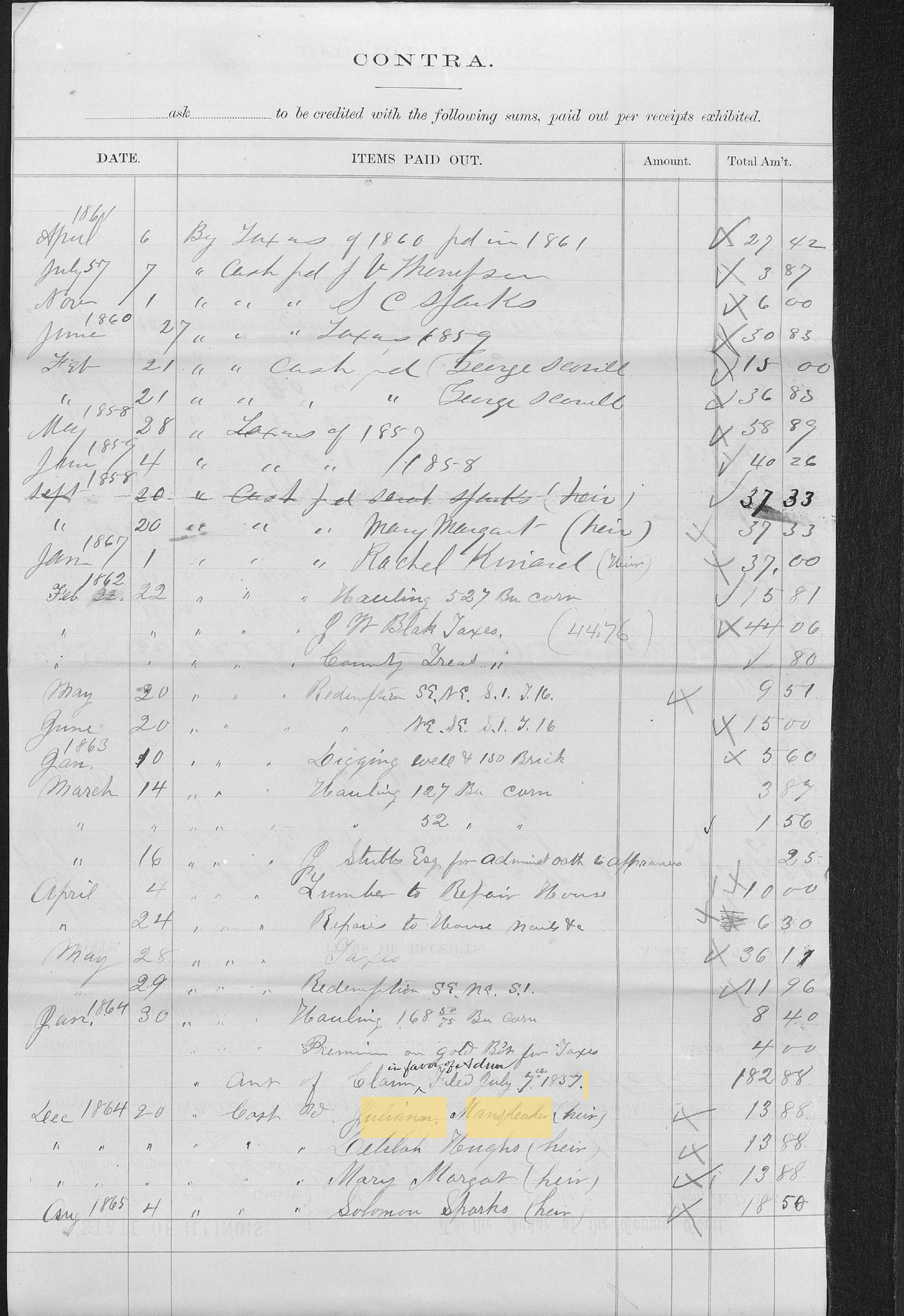Disbursement page from the Illinois administration account of Abraham Sparks' estate, showing payments to Sarah Sparks 1858, Rachel Kinard 1861, and Juliana Manspeaker December 1864