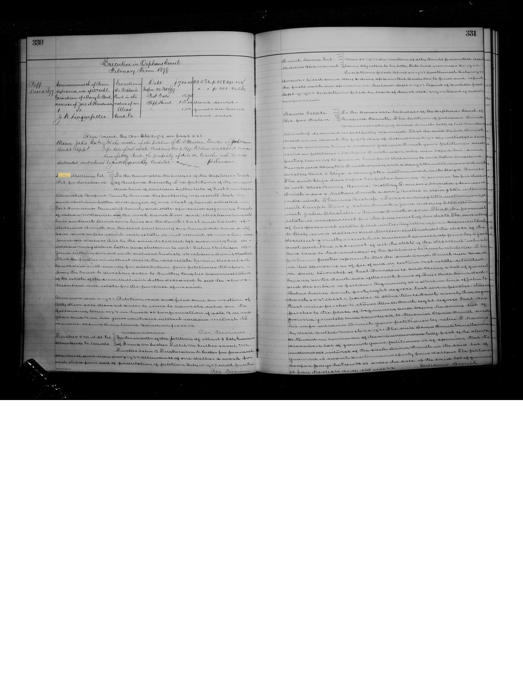 Bedford County Orphans Court docket pages 330-331 including the petition of the widow and heirs of William Latta, read November 7, 1877