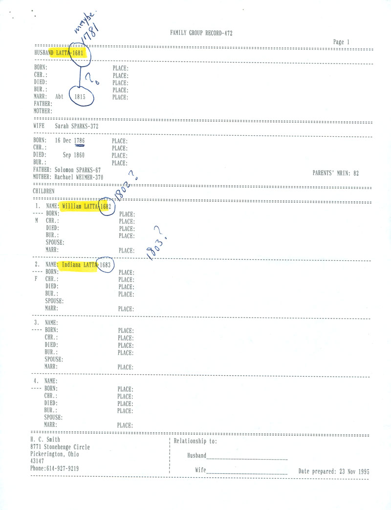 Family Group Record 472 for Sarah Sparks, prepared by H.C. Smith, 1995