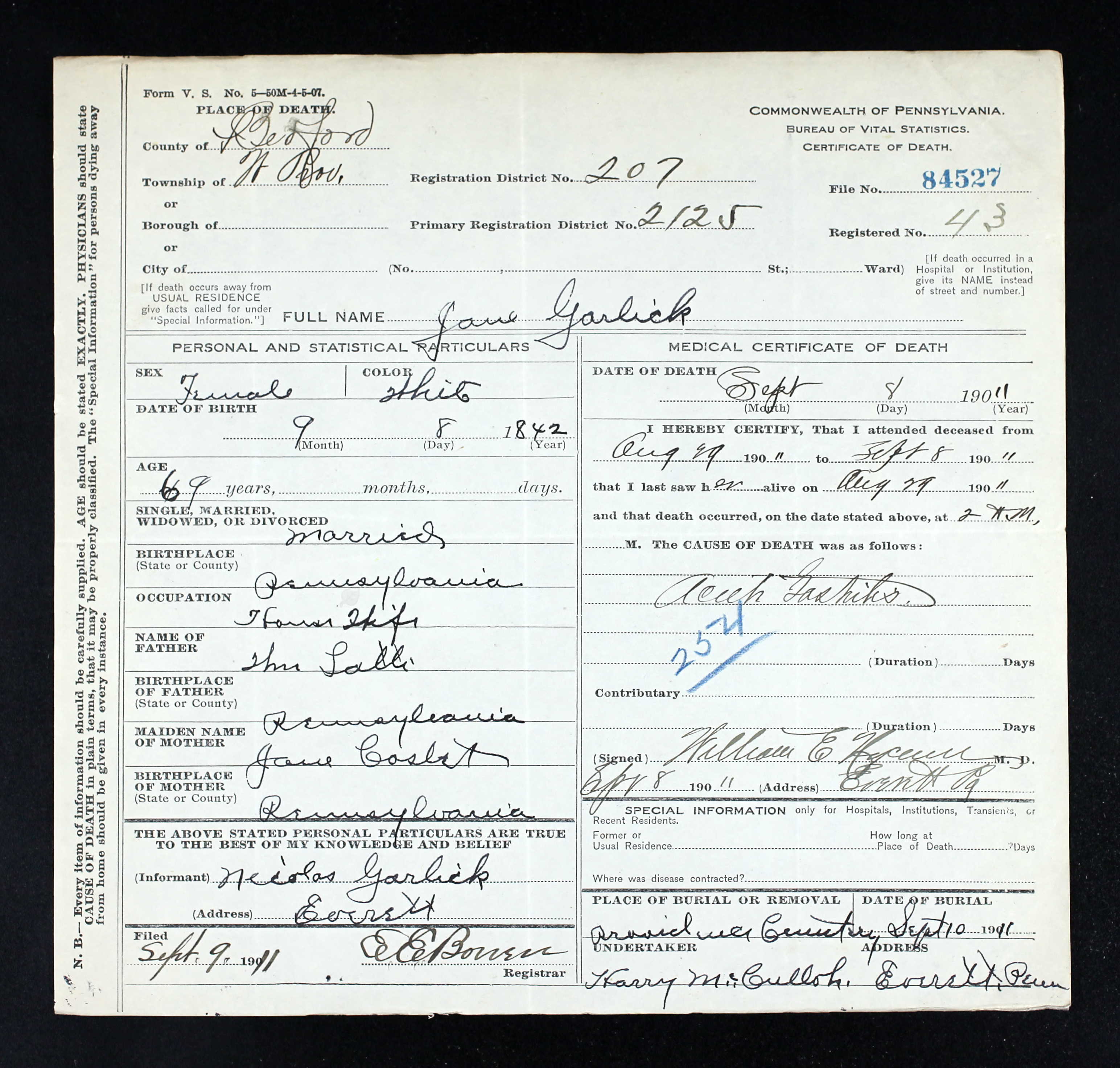 Pennsylvania death certificate of Jane Garlick, died September 8, 1911, Bedford County, naming father Wm. Latta and mother Jane Coslet