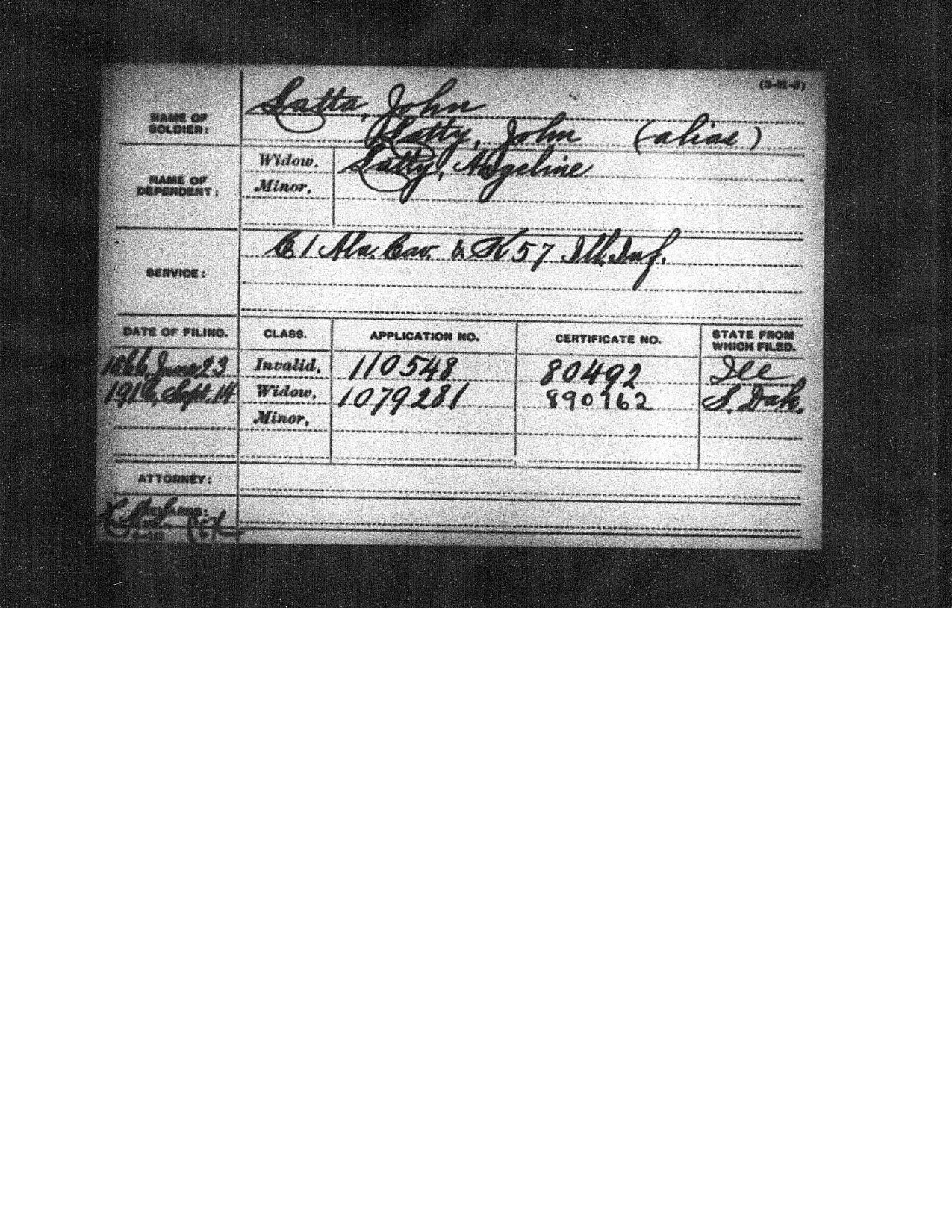 Civil War pension index card for John Latta alias John Latty, Co. C 1st Alabama Cavalry and Co. K 57th Illinois Infantry, invalid certificate 80492, widow Angeline Latty certificate 890162