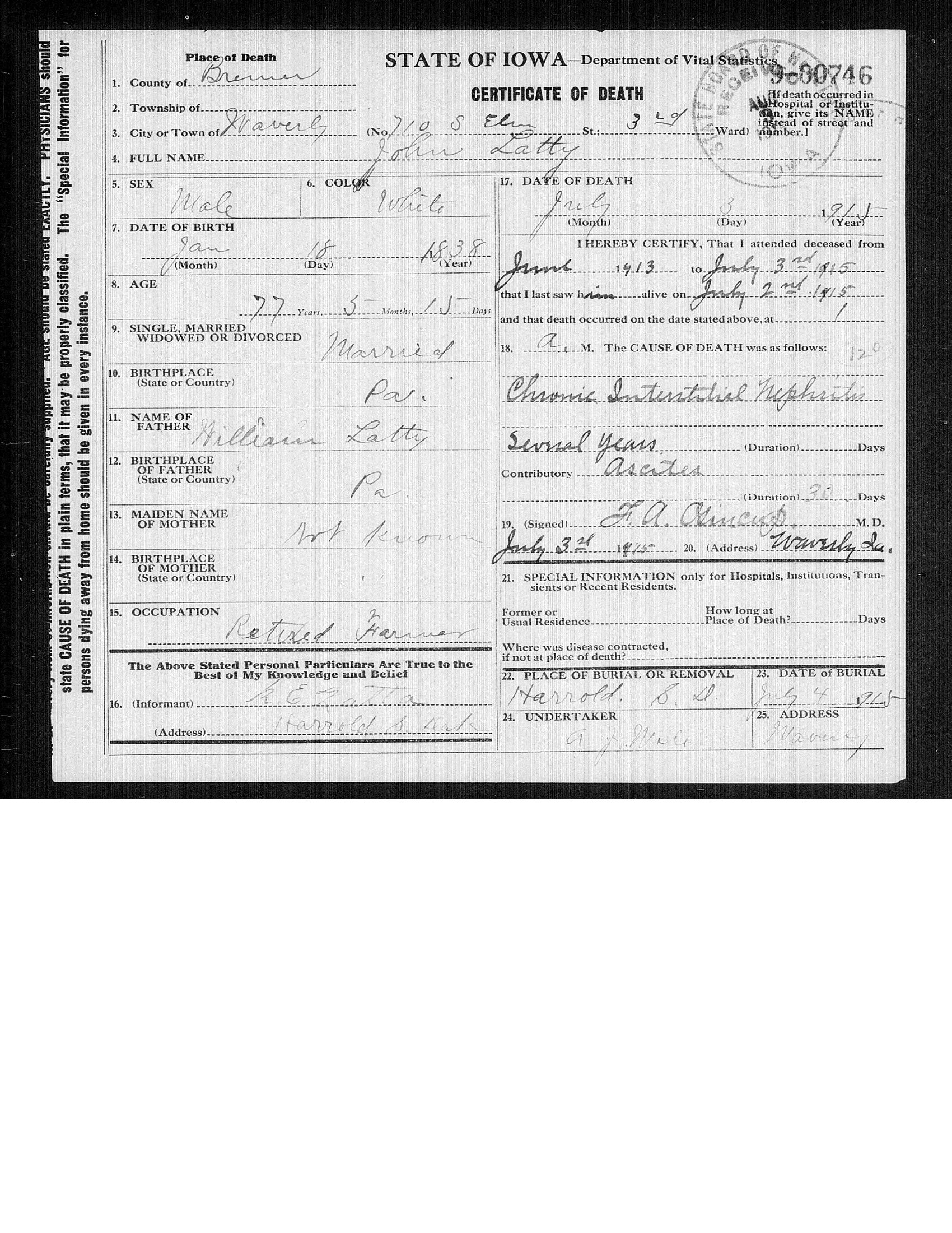 Iowa death certificate of John Latty, died July 3, 1915, Waverly, Bremer County, naming father William Latty