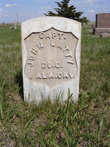 Government-issue military headstone reading Capt. John Latty, Co. C, 1 Ala. Cav., Medicine Hill Cemetery, Hughes County, South Dakota