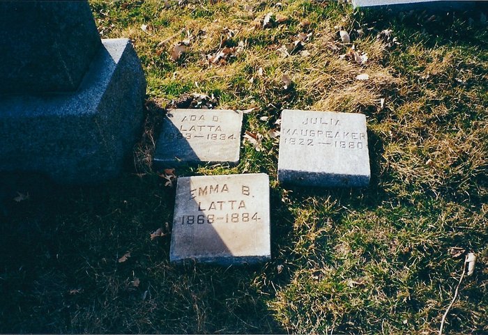 Family plot at Forest Hill Cemetery showing Julia Mauspeaker's headstone beside Emma B. and Ada D. Latta's