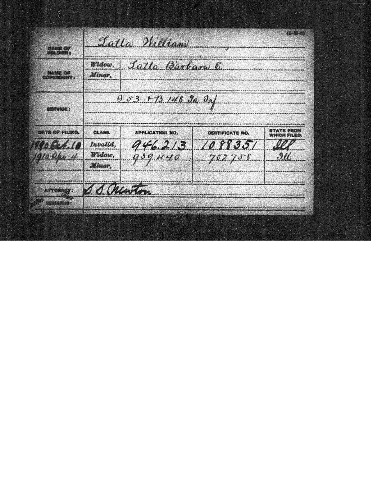 Civil War pension index card for William Latta, Companies D 53rd and B 148th Pennsylvania Infantry, widow Barbara E. Latta